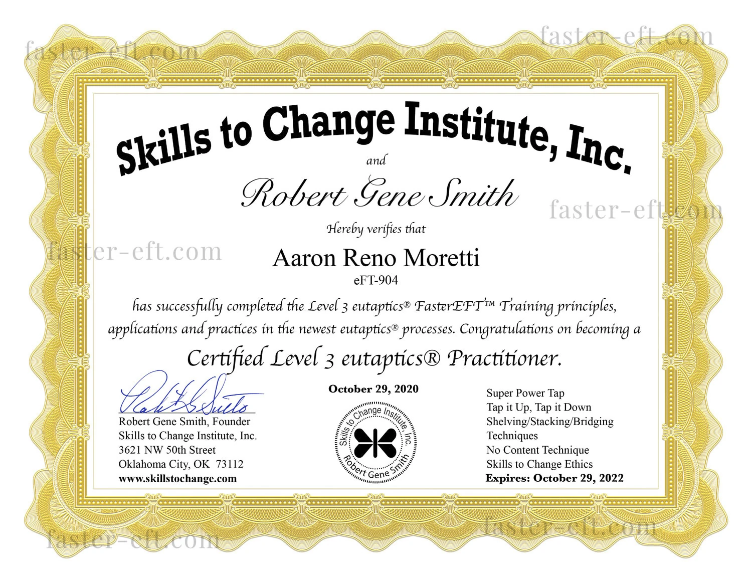 Aaron Reno Moretti’s Level 3 Eutaptics practitioner certificate issued in 2020