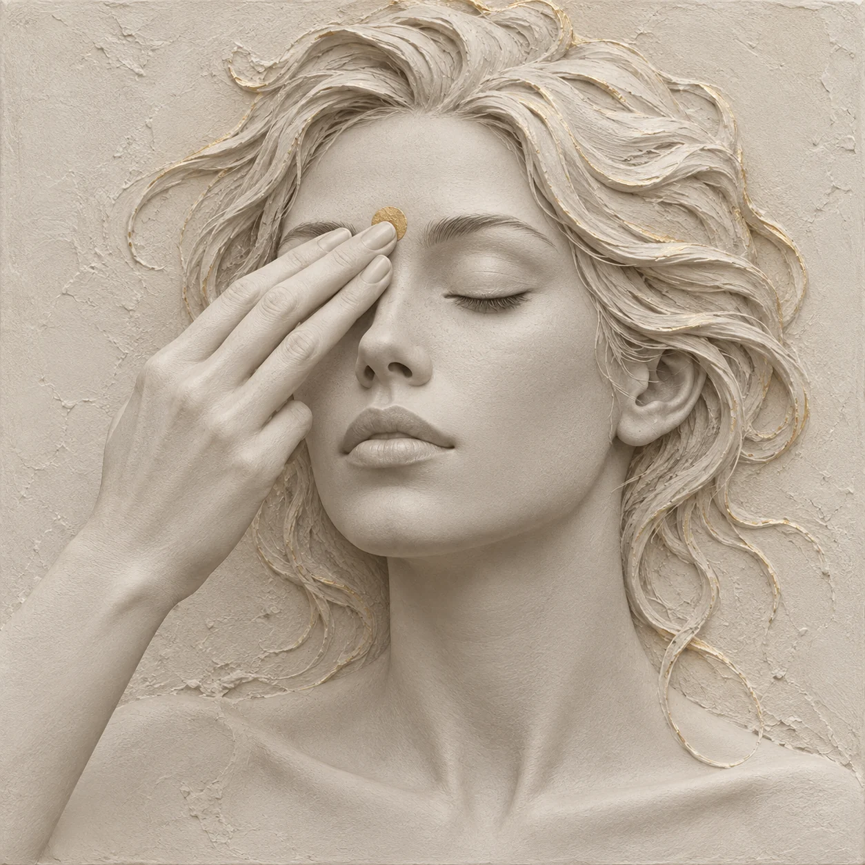 Ivory sculpture tapping the golden point between her eyebrows with three middle fingers