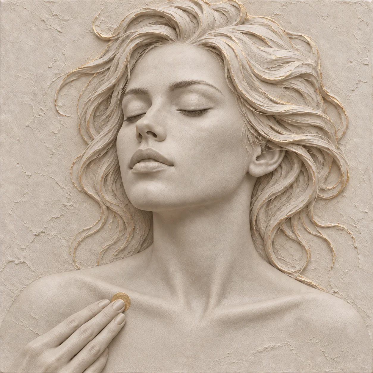 Ivory sculpture tapping the golden point below her collarbone with three middle fingers