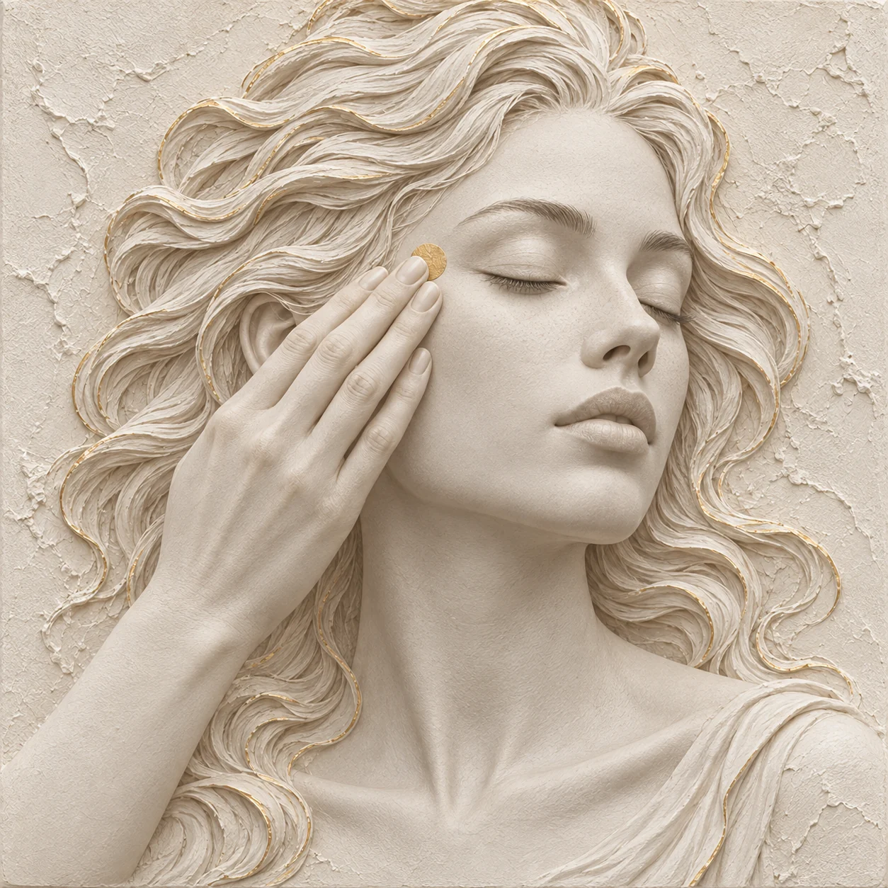 Ivory sculpture touching the golden point at the outer corner of her eye with three middle fingers